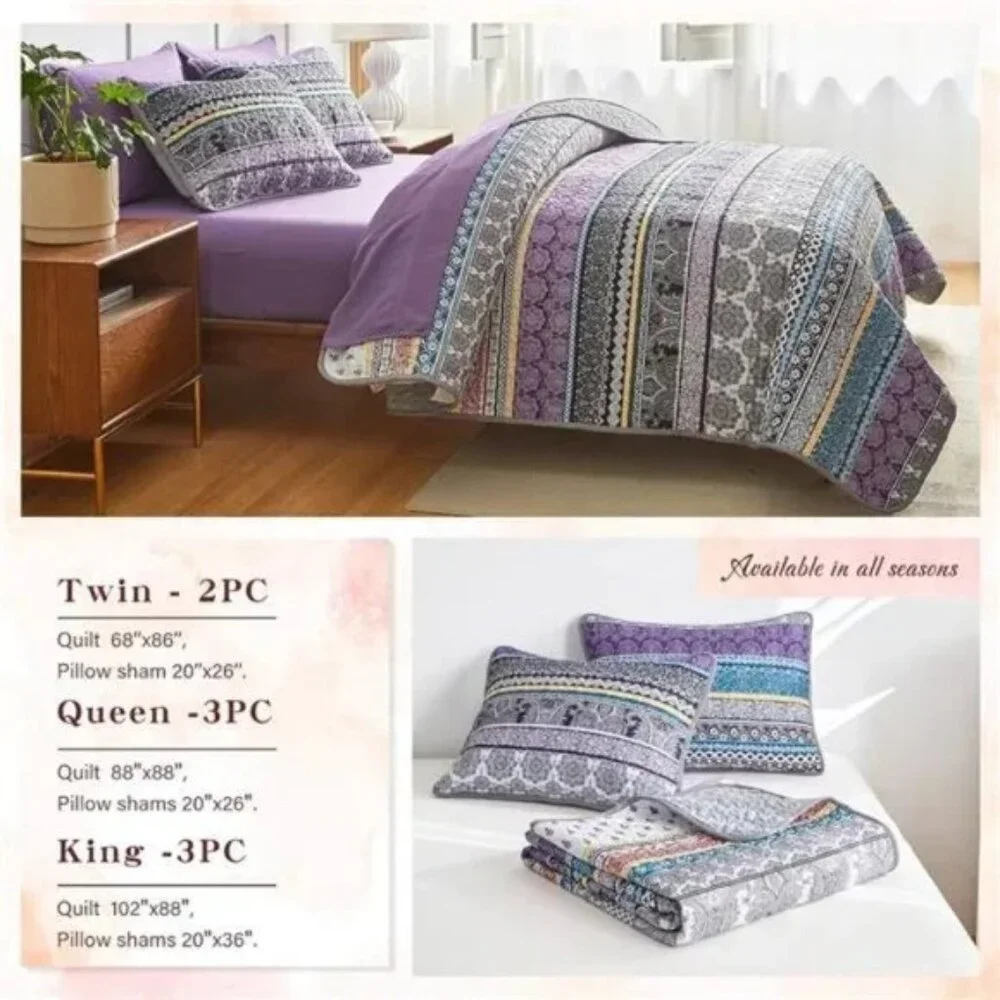 3 Pieces Colorful Bohemian Quilt Set Full Queen Size, Purple n Grey Boho Striped